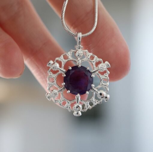 Scottish Thistle with Amethyst Pendant in 925 Sterling Silver
